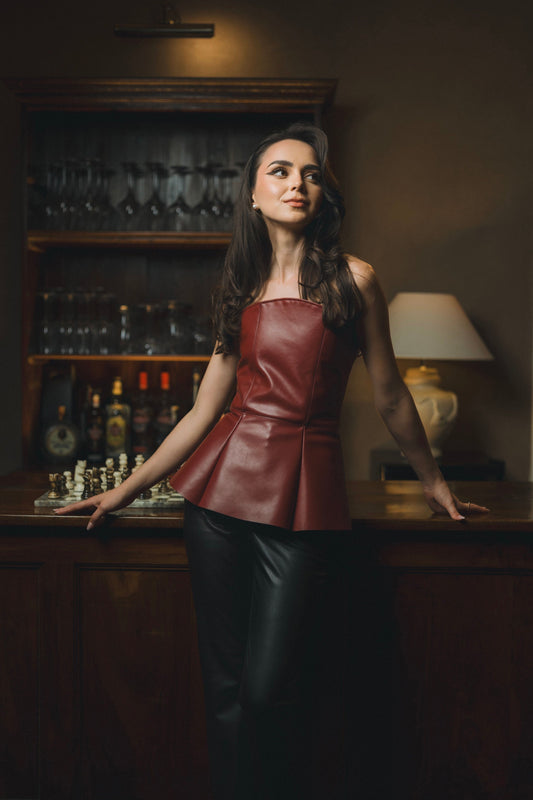 BURGUNDY LEATHER CORSET-STYLE TOP
