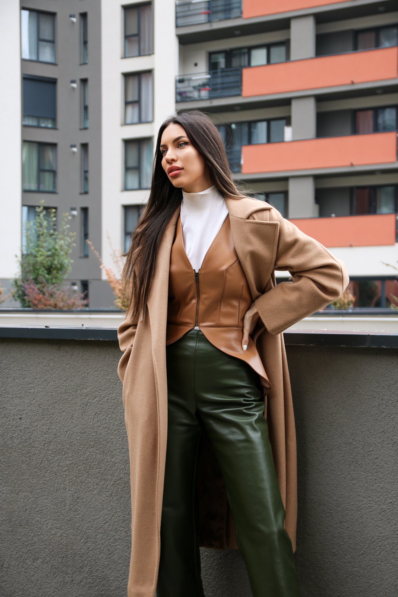 Olive straight-cut leather trousers with nappa finish.