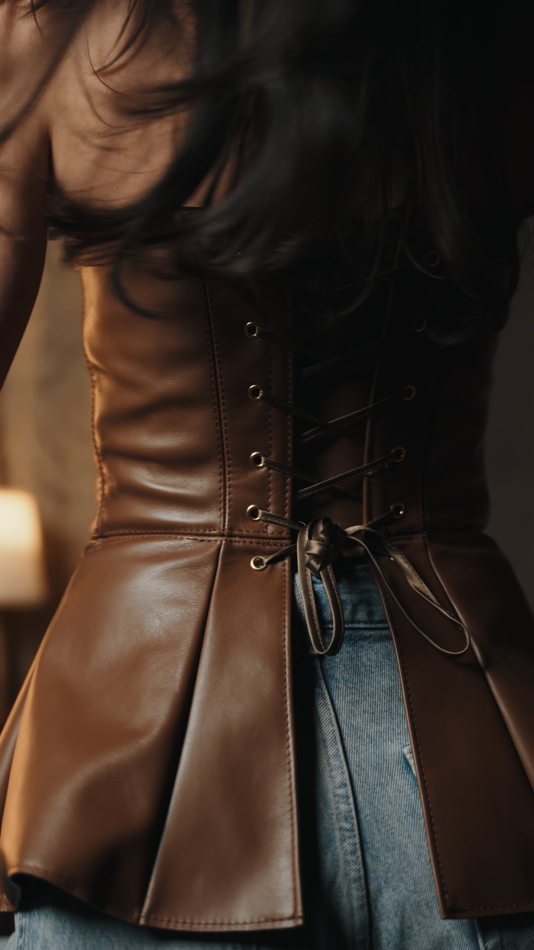 Brown leather corset-style top