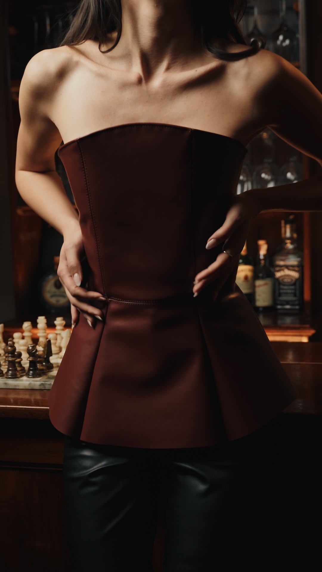 Burgundy leather corset-style top