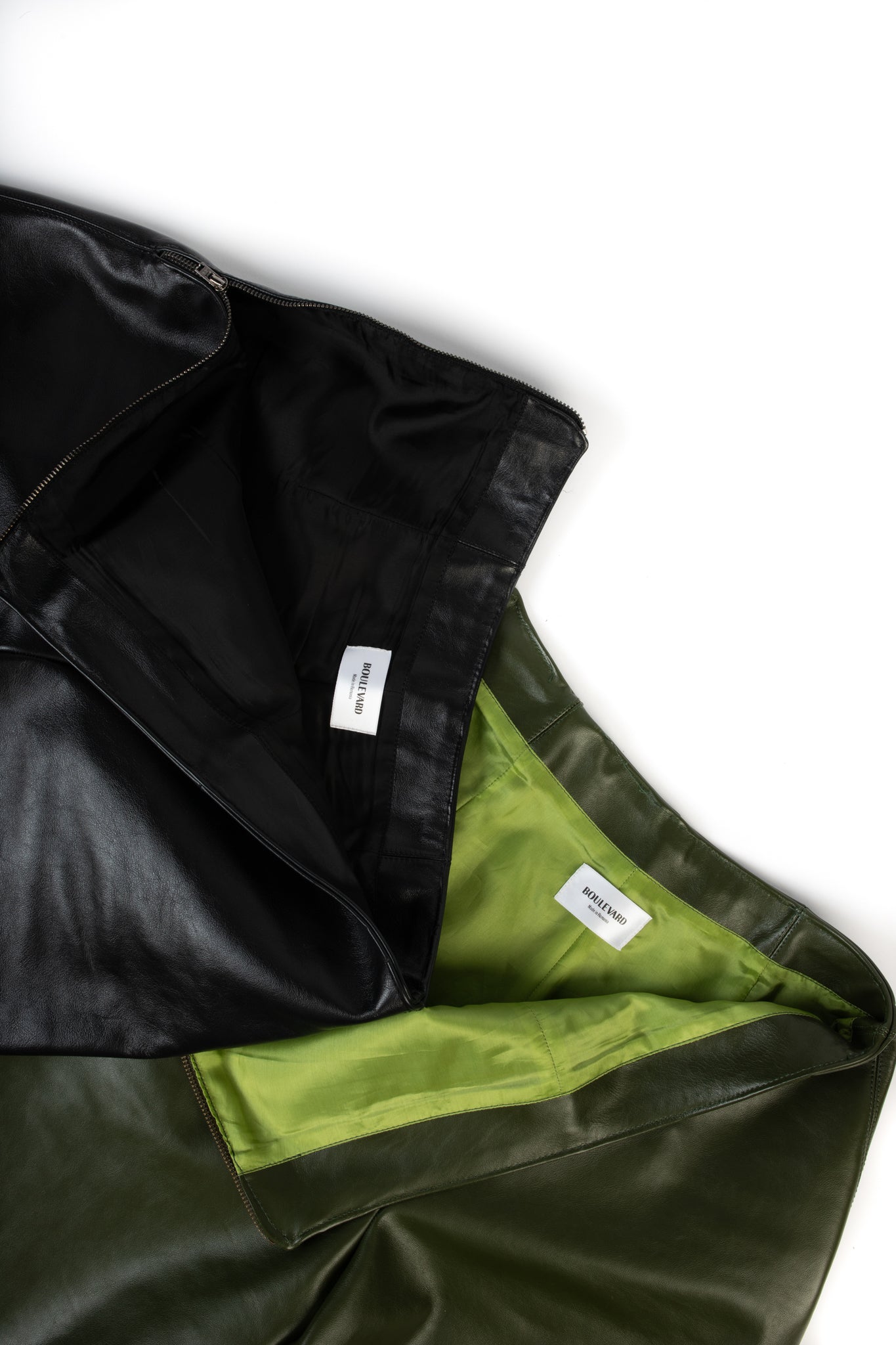 Olive straight-cut leather trousers with nappa finish.