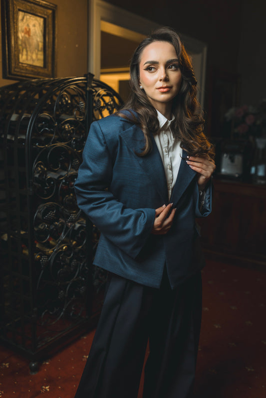 Navy blue wool blend oversized blazer