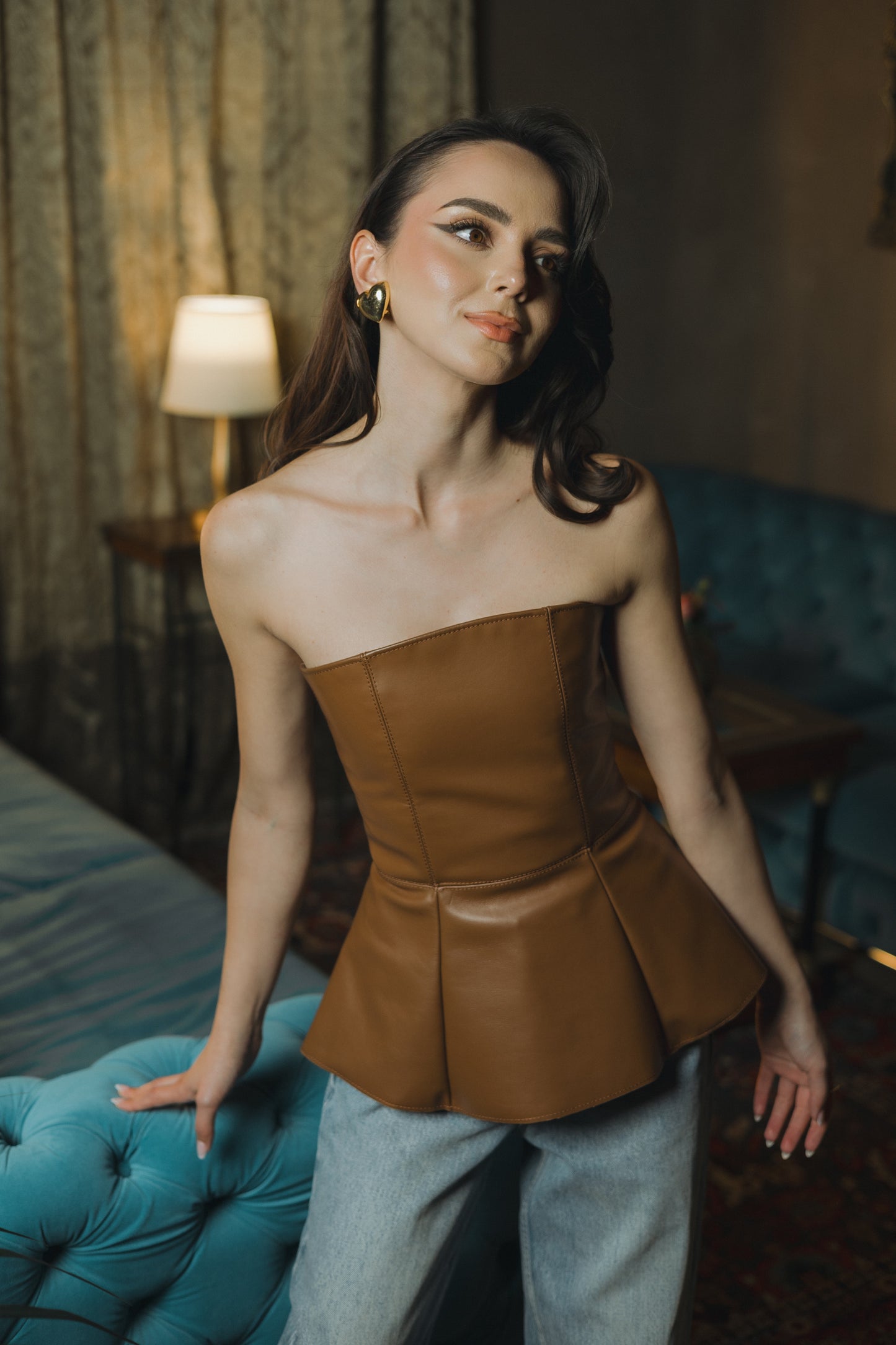 Brown leather corset-style top