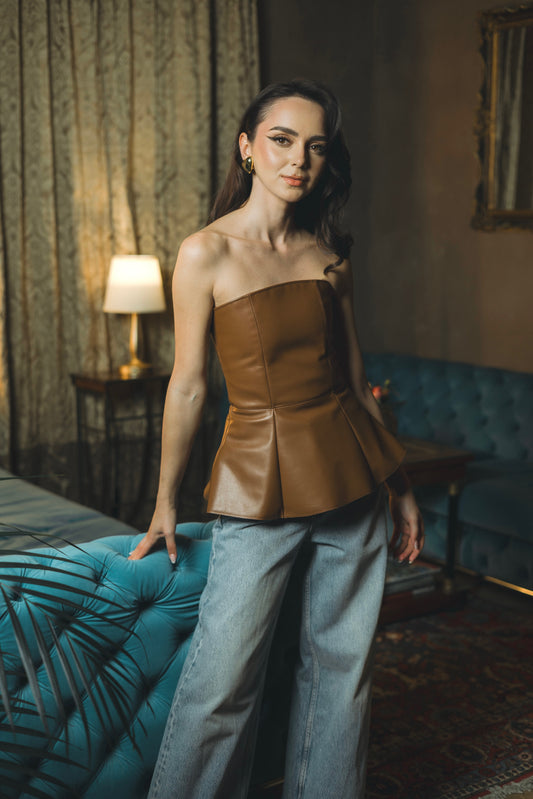 Brown leather corset-style top