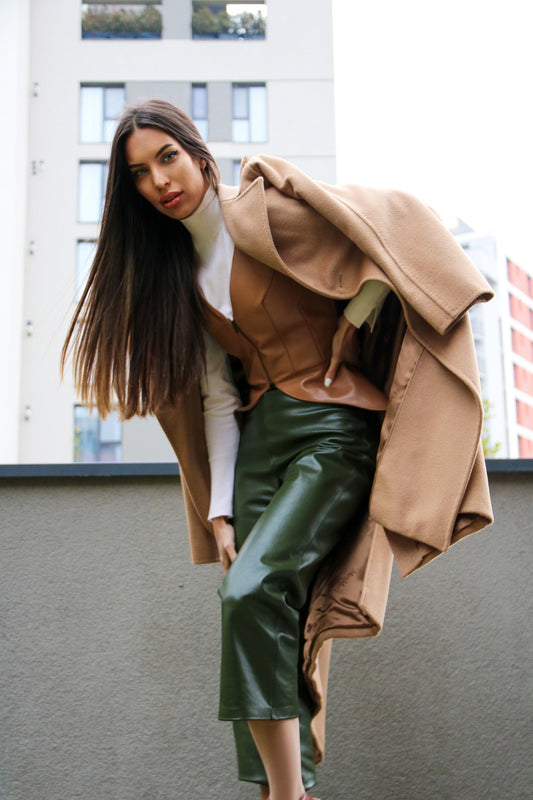 Olive straight-cut leather trousers with nappa finish.