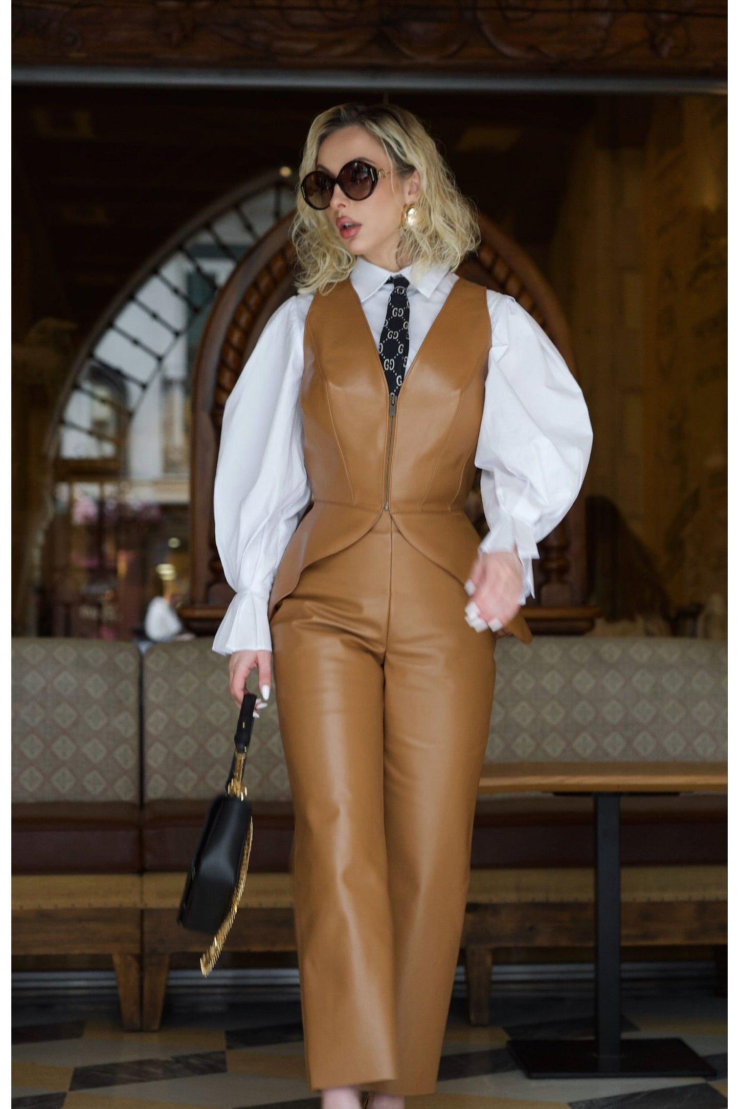 Toffee straight-cut leather trousers with nappa finish.