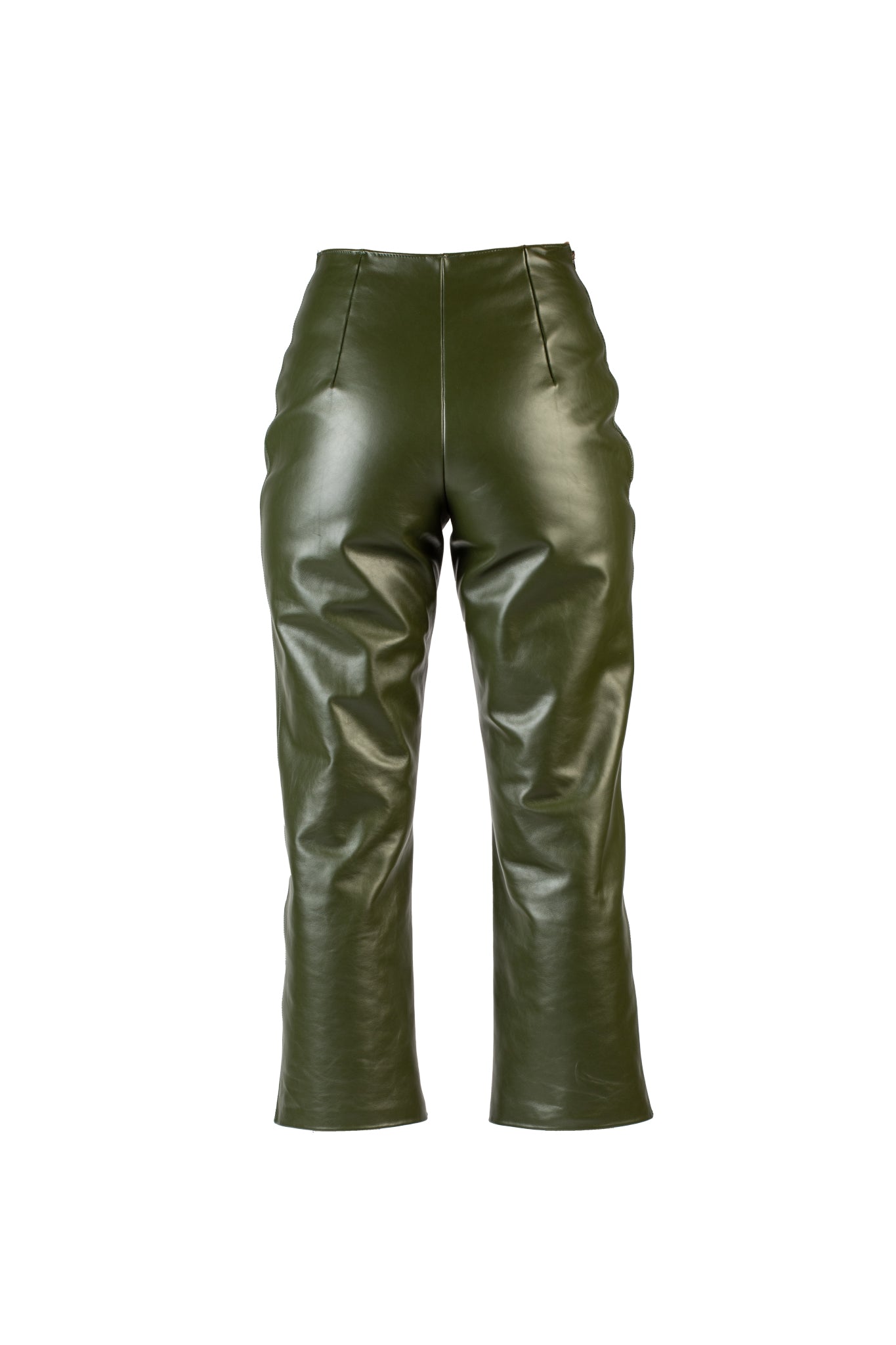 Olive straight-cut leather trousers with nappa finish.