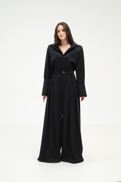 LONG WOOL BLEND PLEATED TROUSERS