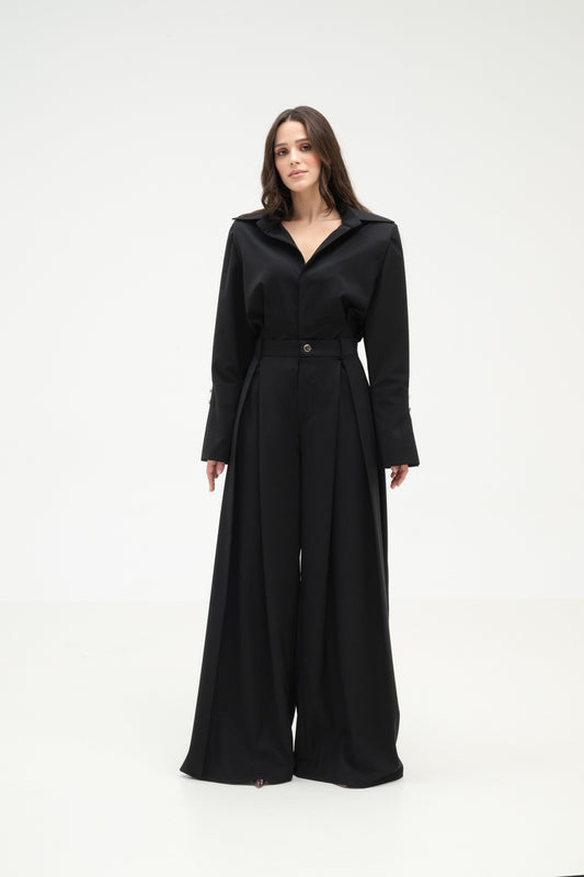 LONG WOOL BLEND PLEATED TROUSERS